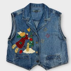 VINTAGE Denim Vest Christmas Women LARGE Upper West Side Holiday Cottagecore Art